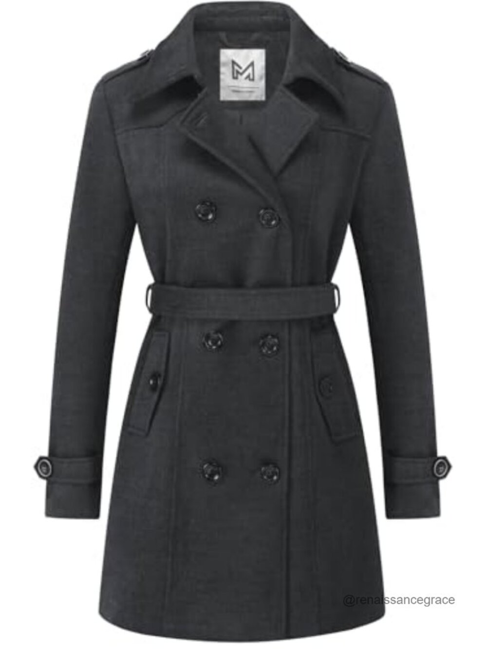 Women's Belted Double Breasted Pea Coat Notch Collar Winter Slim Fit